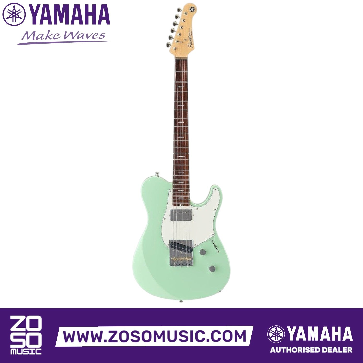 Zoso Music Yamaha Pacifica Standard Plus electric guitar in pastel green with rosewood fretboard and chrome hardware.