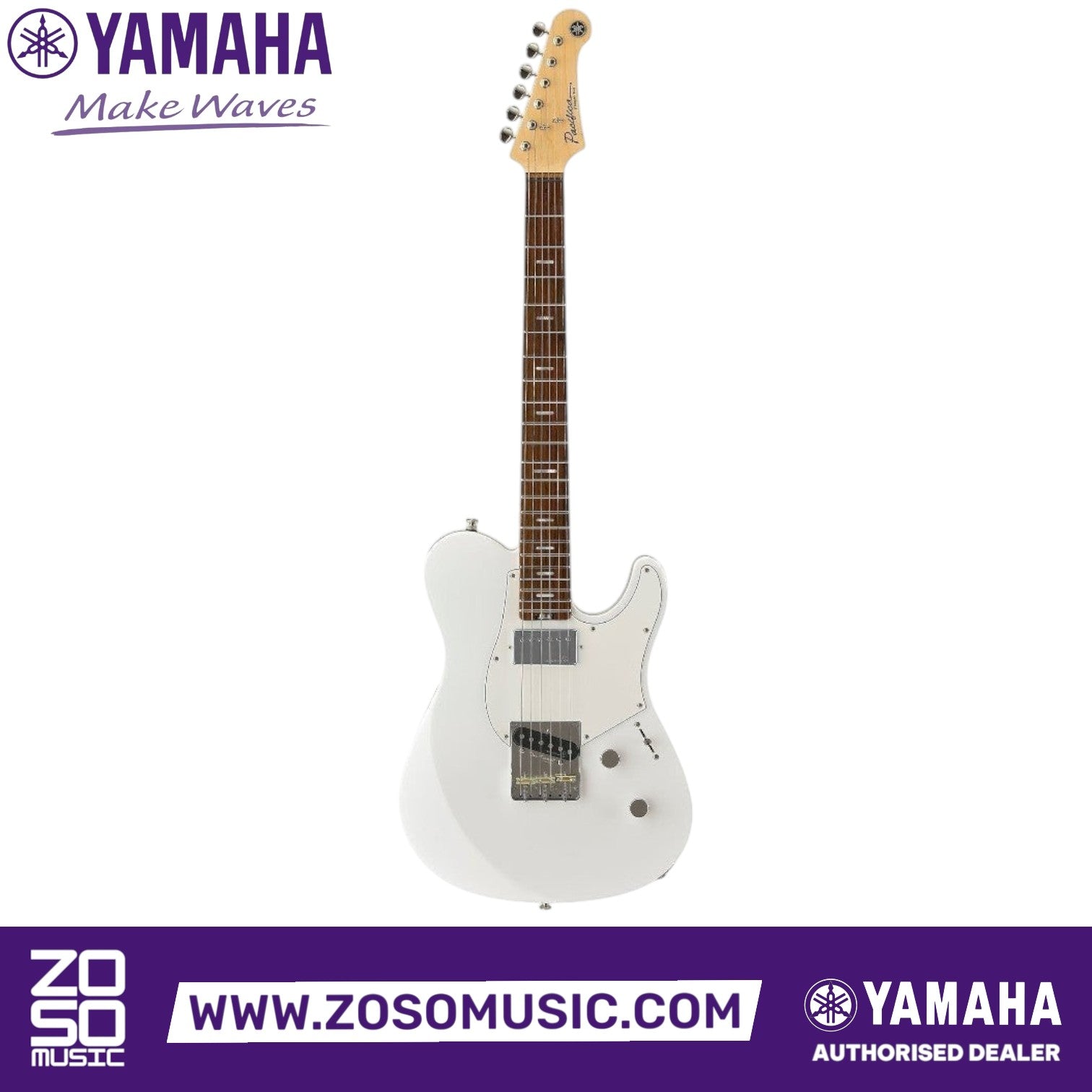 Zoso Music Yamaha Pacifica Standard Plus electric guitar in white with rosewood fingerboard and chrome hardware.