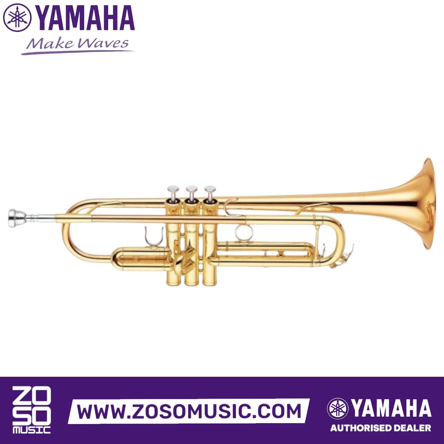 Zoso Music Yamaha YTR-6345G professional Bb trumpet with a gold lacquer finish and gold brass bell.
