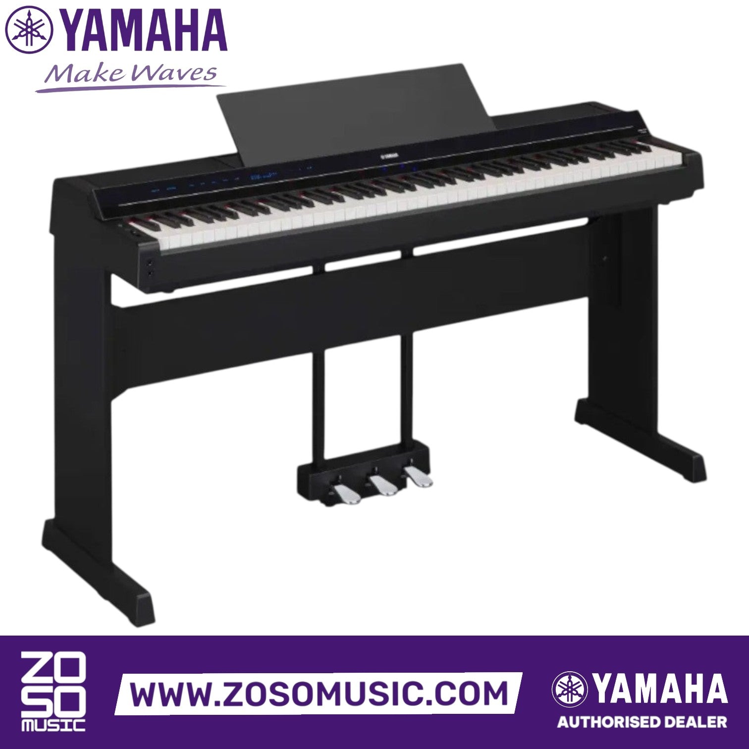 Zoso Music Yamaha P-S500 88-key digital piano in black with weighted keys, music stand, and triple pedal unit