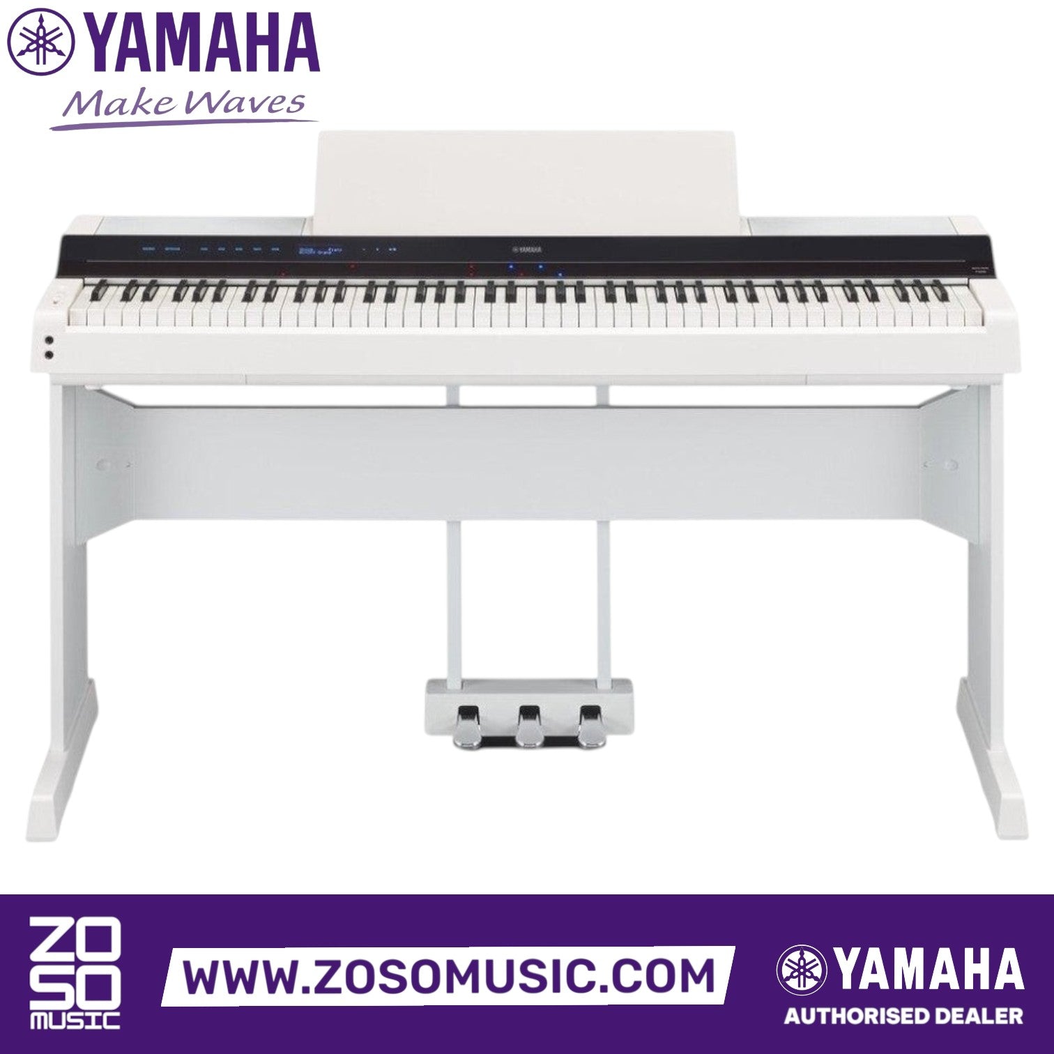 Zoso Music Yamaha P-S500 88-key digital piano in white with a sleek stand, music rest, and integrated pedal unit.