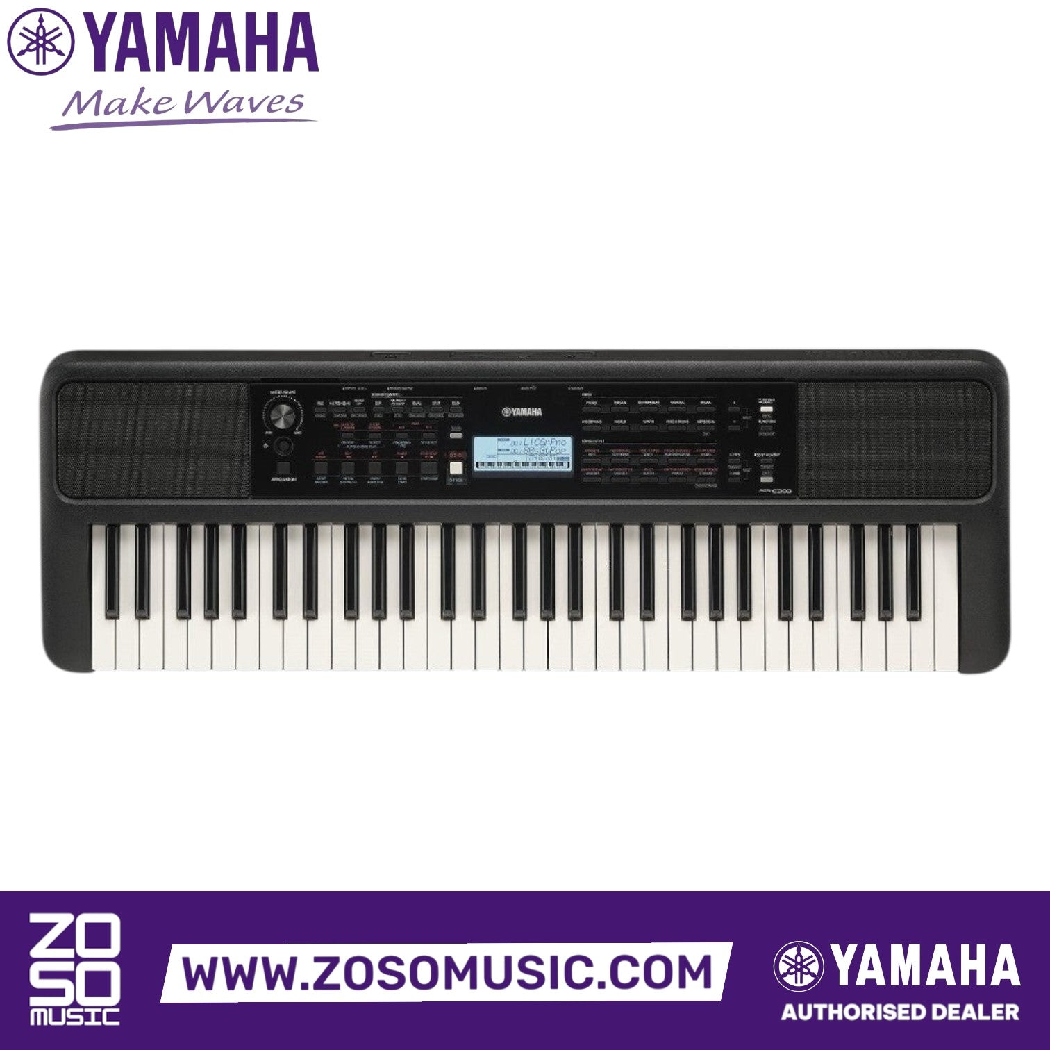 Zoso Music Yamaha PSR-E383 61-key portable keyboard in black with touch-sensitive keys and LCD display