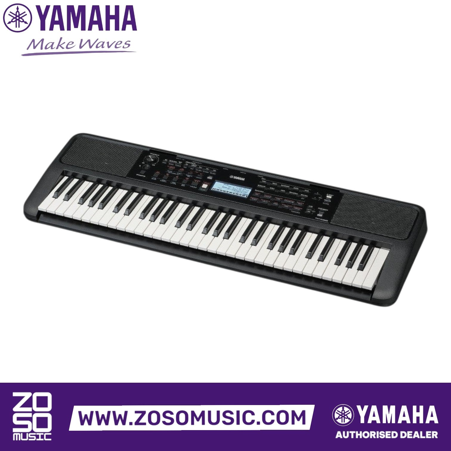 Zoso Music Yamaha PSR-E383 61-key portable keyboard in black with touch-sensitive keys and LCD display.