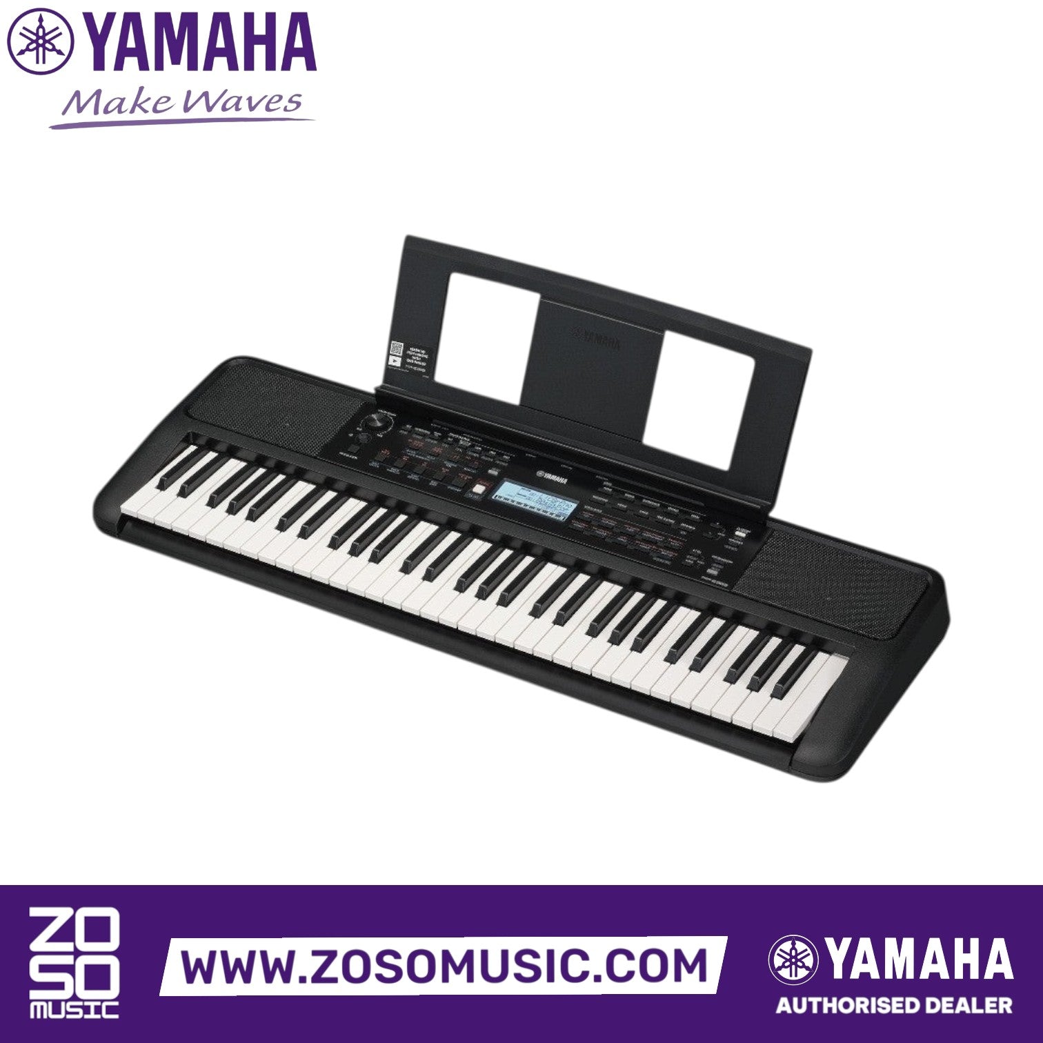 Zoso Music Yamaha PSR-E383 61-key portable keyboard in black with touch-sensitive keys and built-in music rest.