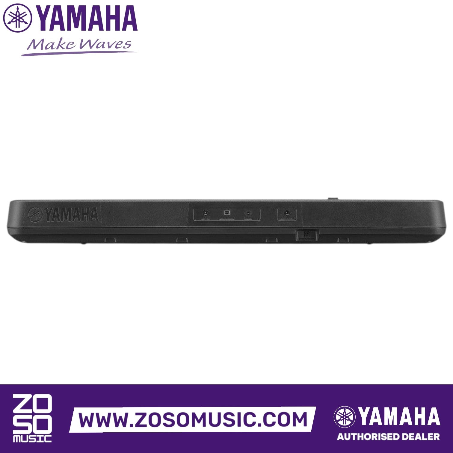 Rear panel view of the black Yamaha PSR-E383 portable keyboard showing connectivity ports from Zoso Music.