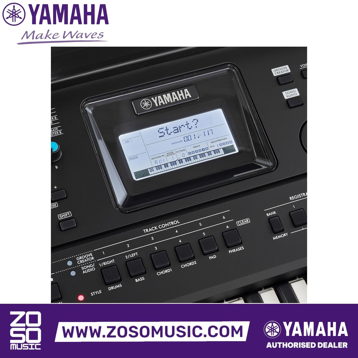 Zoso Music Yamaha PSR E473 portable keyboard control panel with LCD screen and track control buttons