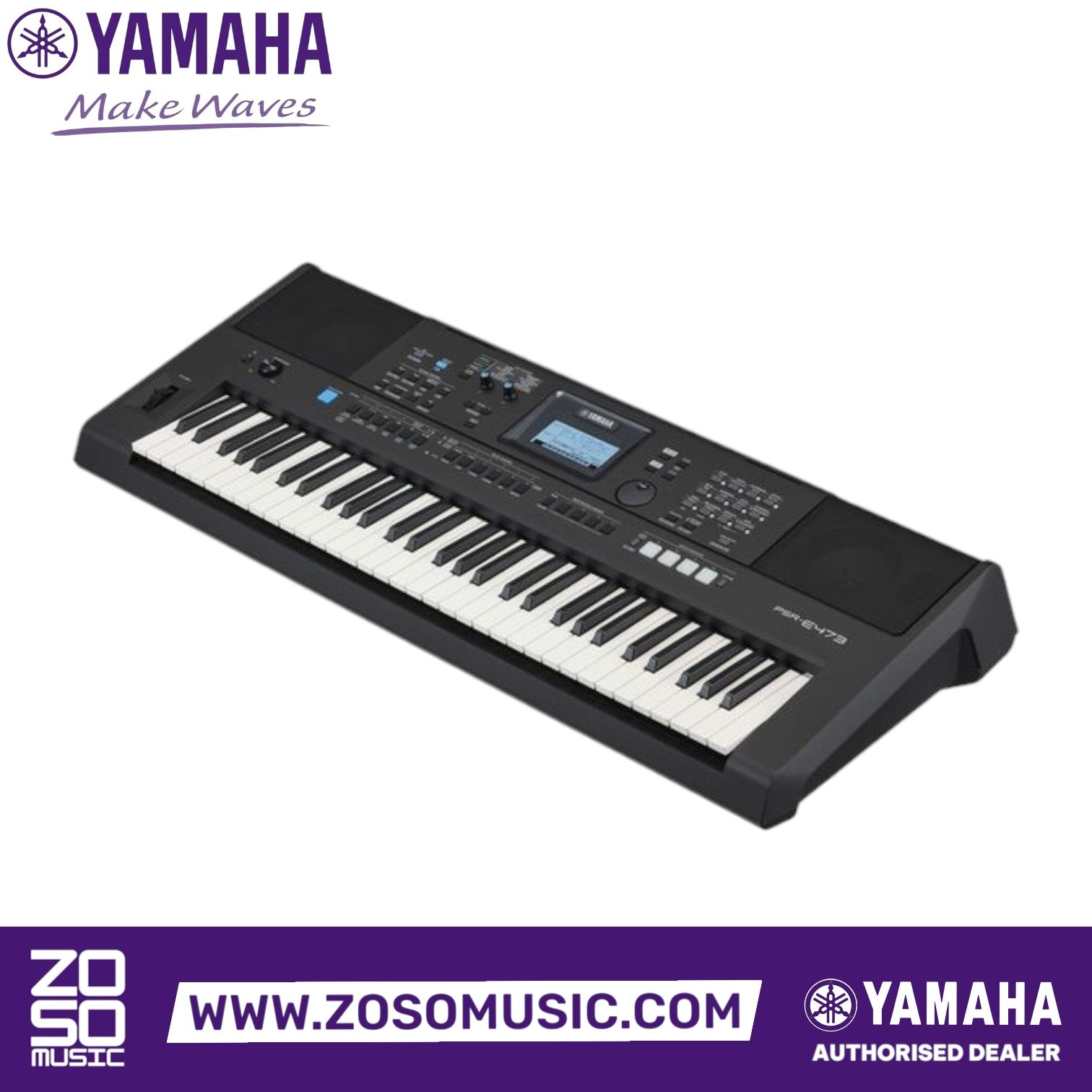 Zoso Music Yamaha PSR E473 61-key portable keyboard in black with control knobs, pitch wheel, and LCD screen.