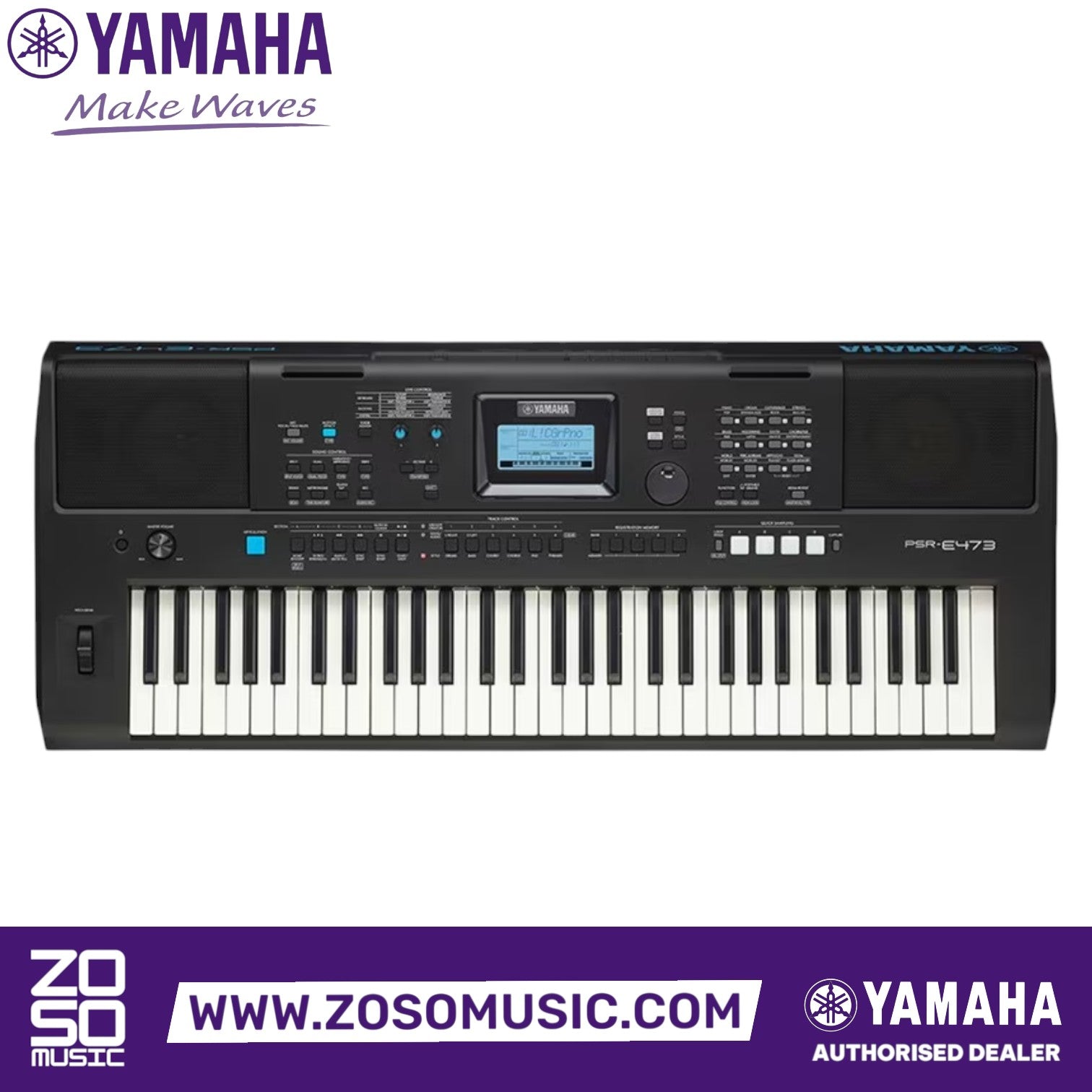 Zoso Music Yamaha PSR E473 61-key portable keyboard with black finish, LCD display, and control knobs