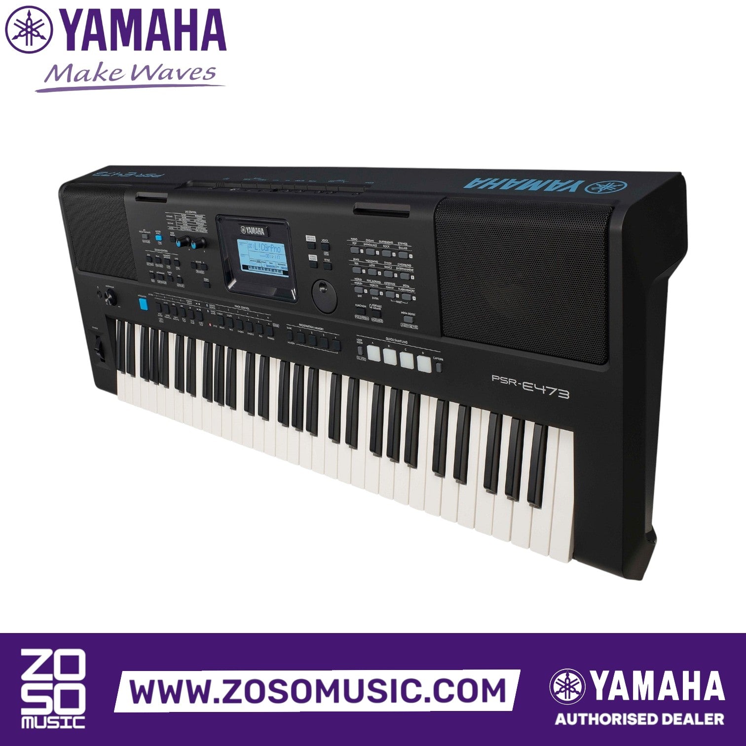Zoso Music Yamaha PSR E473 61-key portable keyboard with black finish, pitch wheel, and digital display screen.