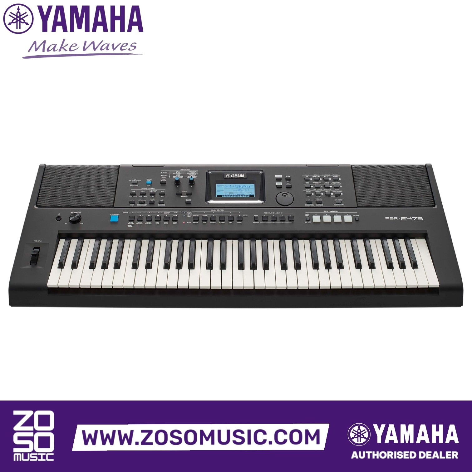 Zoso Music Yamaha PSR E473 61-key portable keyboard with pitch bend wheel and control knobs in black