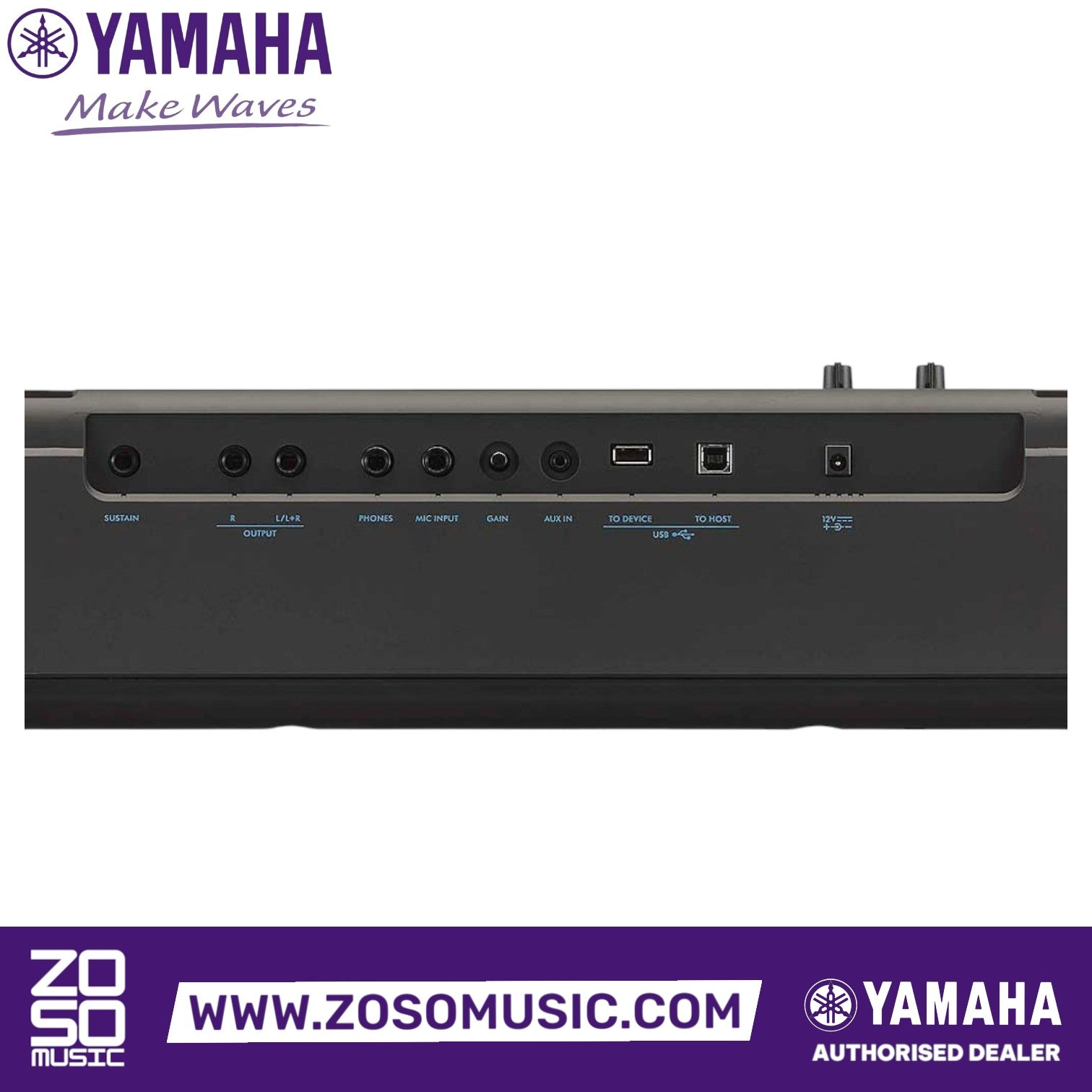 Zoso Music Yamaha PSR E473 portable keyboard rear panel showing input and output ports for connectivity