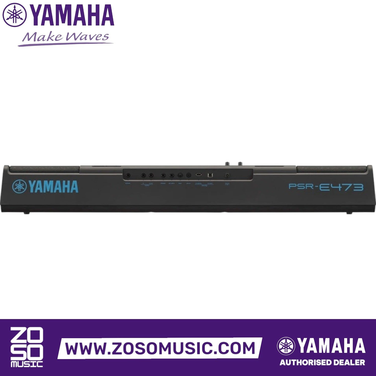 Rear view of the Zoso Music Yamaha PSR E473 portable keyboard showing input and output ports