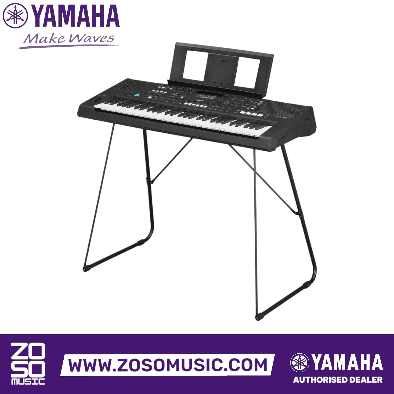 Zoso Music Yamaha PSR-E483 61-key portable keyboard on a black metal stand with music rest attached