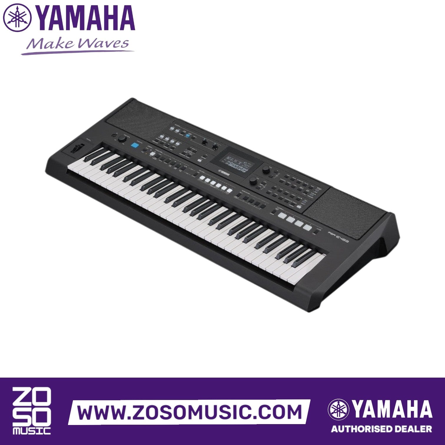 Zoso Music Yamaha PSR-E483 61-key portable keyboard with black finish, control knobs, and LCD screen display.