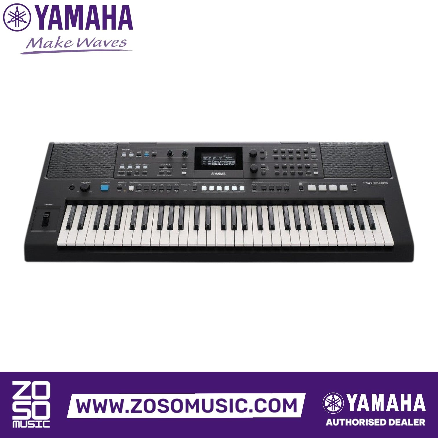 Zoso Music Yamaha PSR-E483 61-key portable keyboard with black finish, LCD screen, and live control knobs