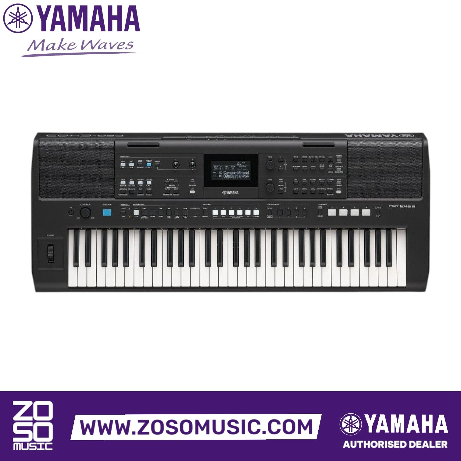 Zoso Music Yamaha PSR-E483 61-key portable keyboard with control knobs, pitch bend wheel, and LCD screen