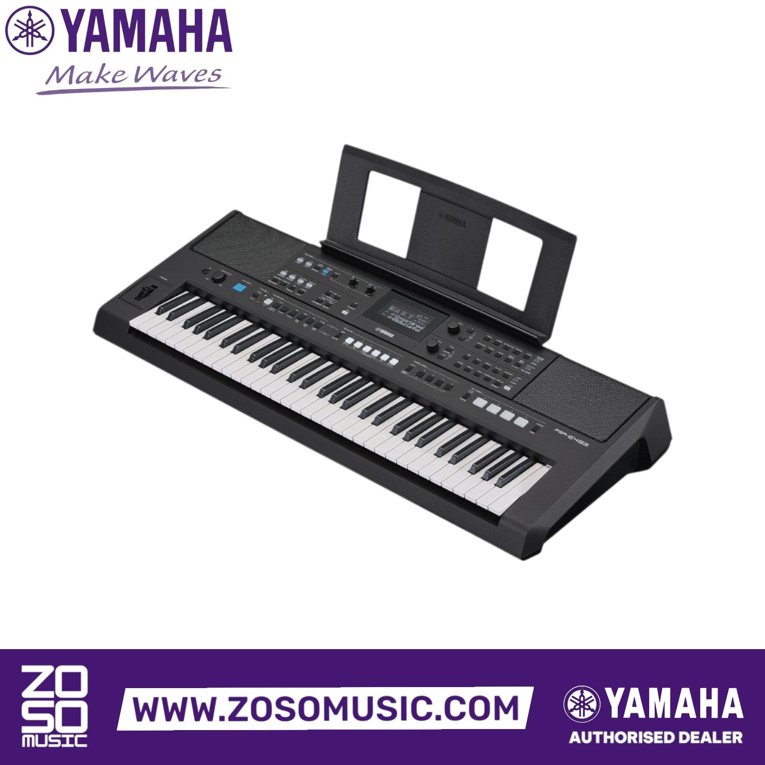 Zoso Music Yamaha PSR-E483 61-key portable keyboard with black finish, LCD screen, and music rest on white background