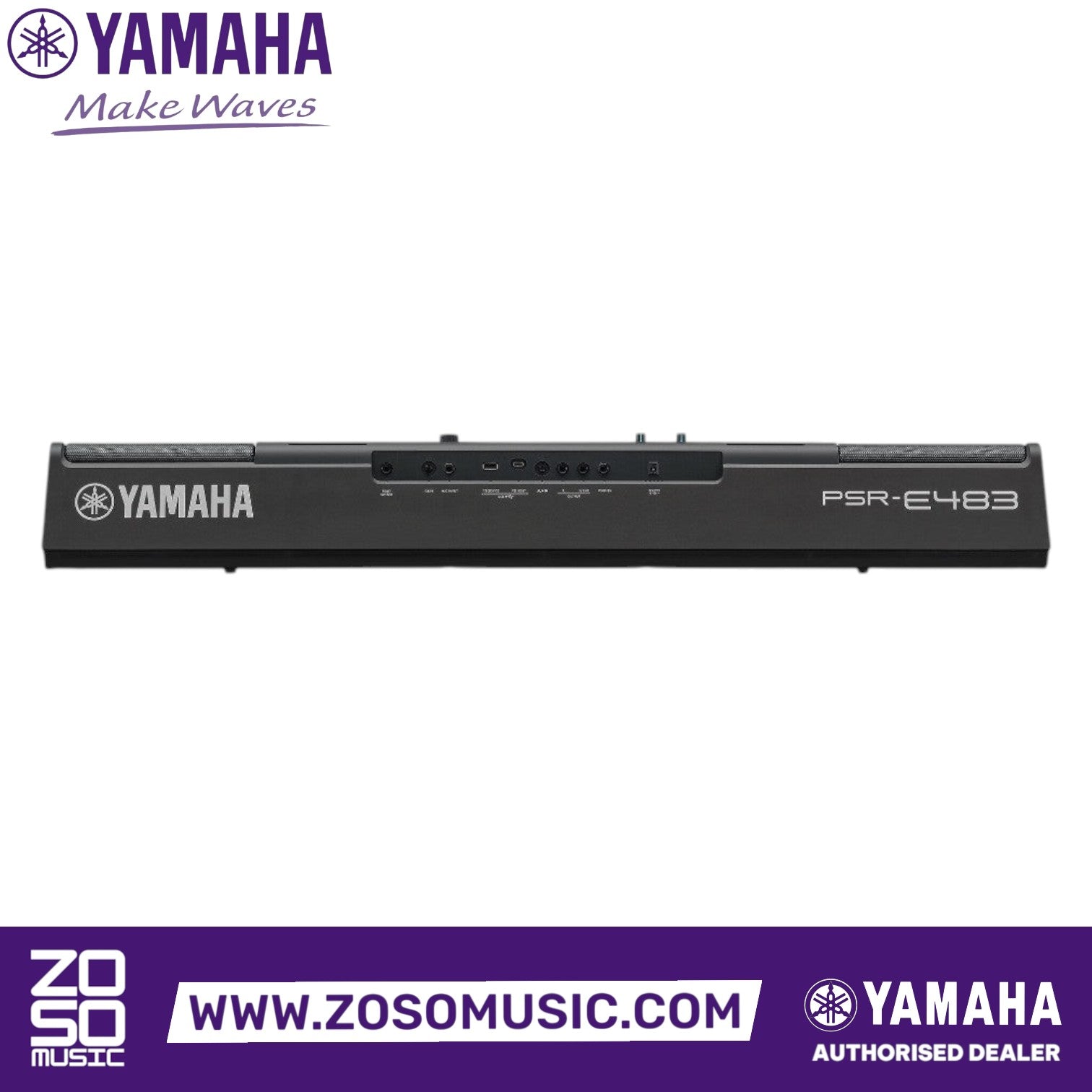 Rear panel view of the Yamaha PSR-E483 61-key portable keyboard showing input and output ports from Zoso Music