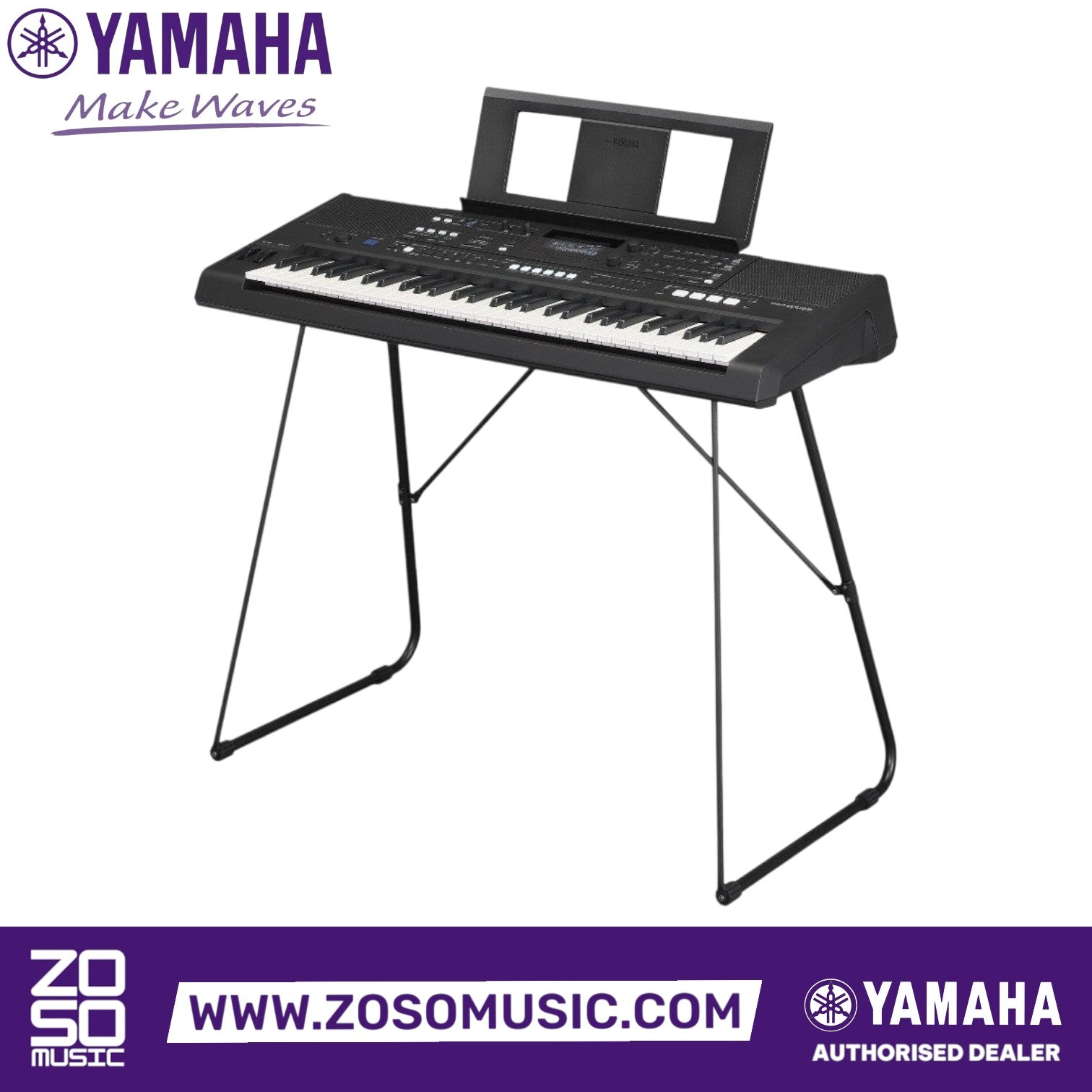 Zoso Music Yamaha PSR-E583 61-key portable keyboard on a stand with music rest and control panel