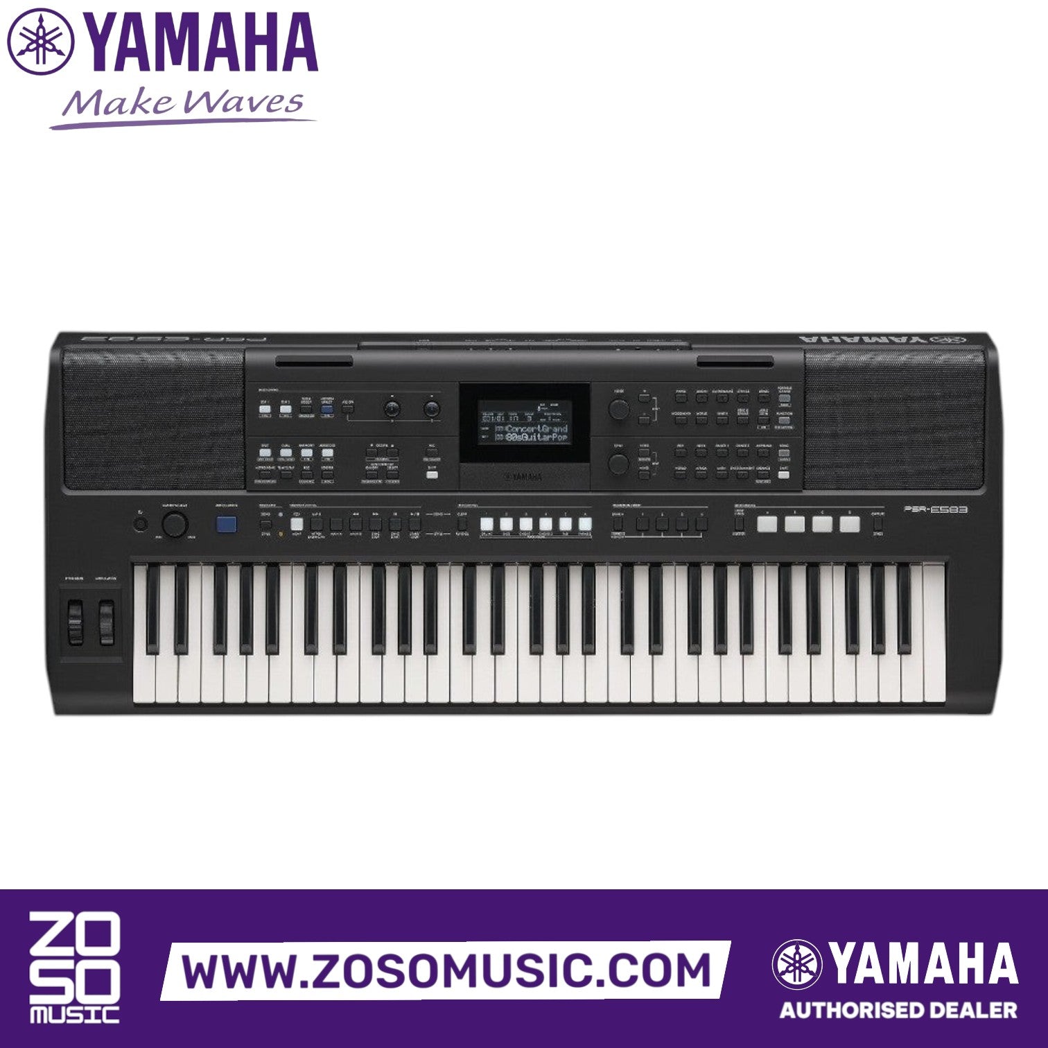 Zoso Music Yamaha PSR-E583 61-key portable keyboard with pitch bend, modulation wheels, and control knobs.