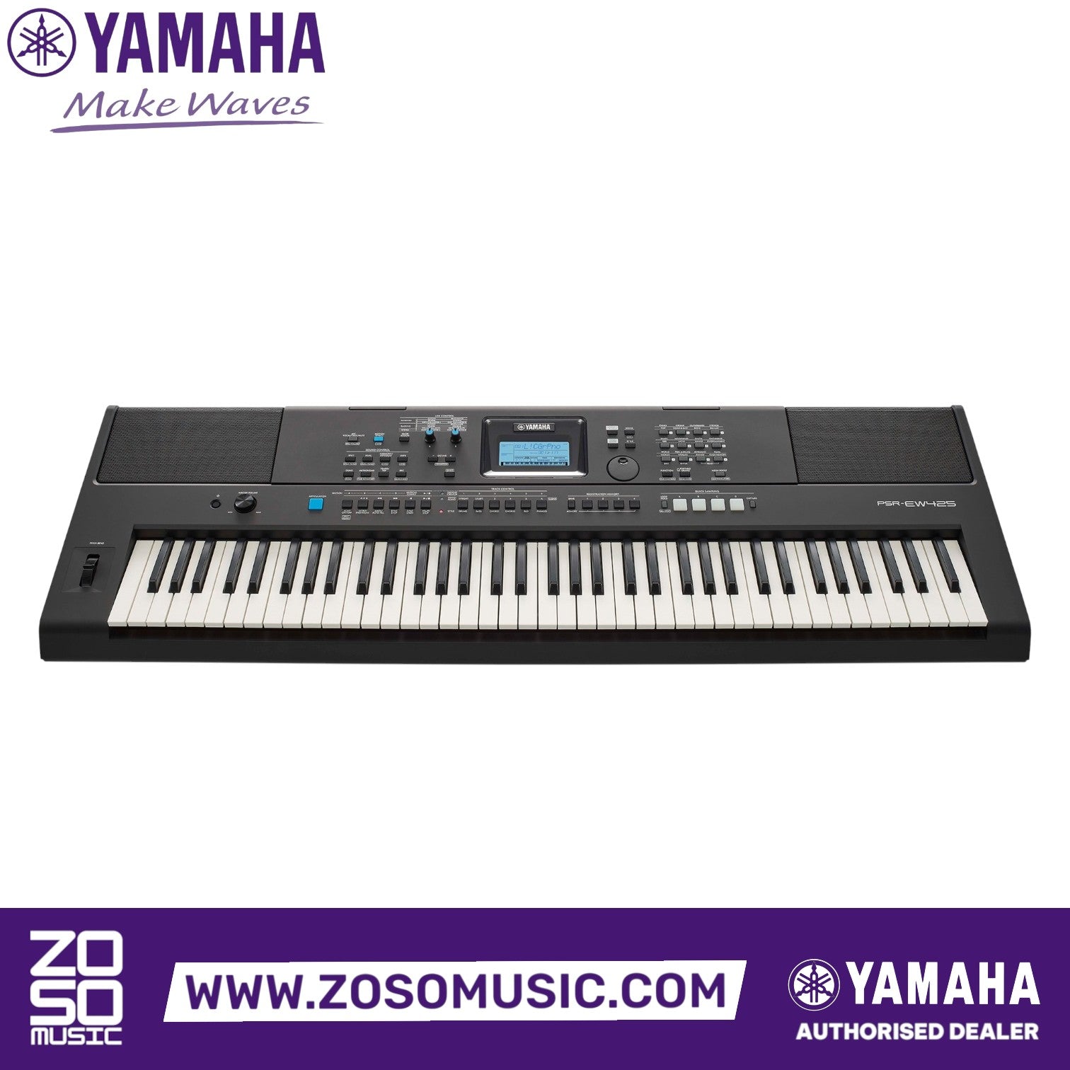 Zoso Music Yamaha PSR-EW425 76-key portable keyboard with black finish, control knobs, and LCD display screen.