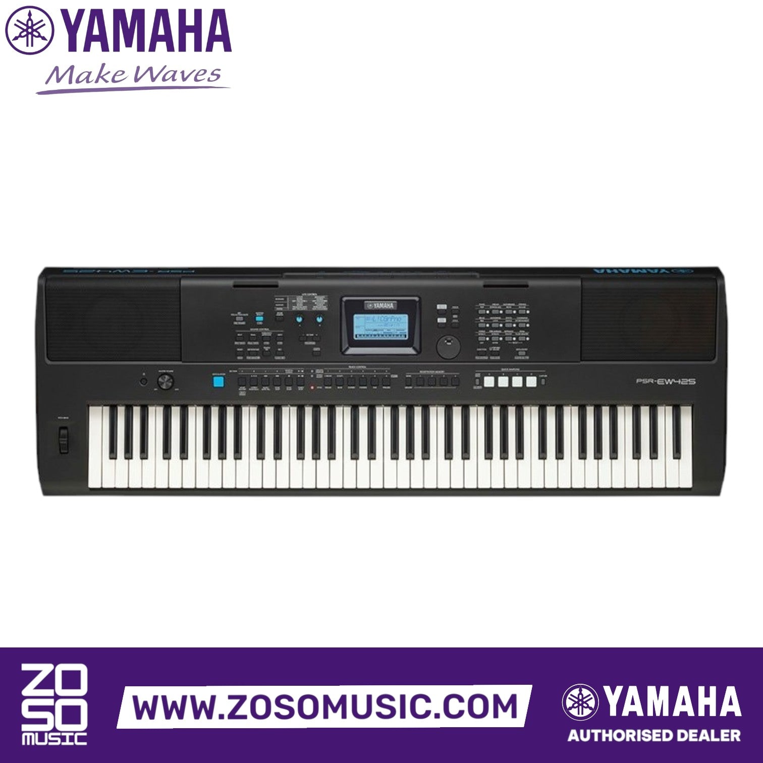 Zoso Music Yamaha PSR-EW425 76-key portable keyboard with black finish, LCD screen, and control knobs.