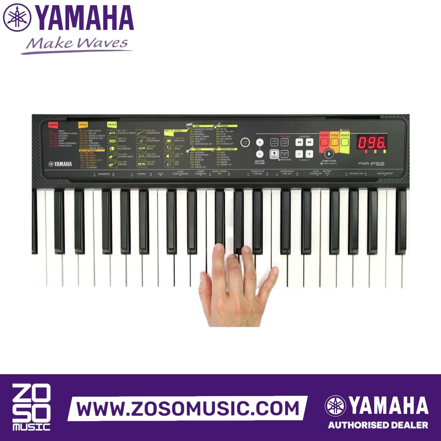Zoso Music Yamaha PSR F52 61-key portable keyboard with a hand playing keys on the control panel