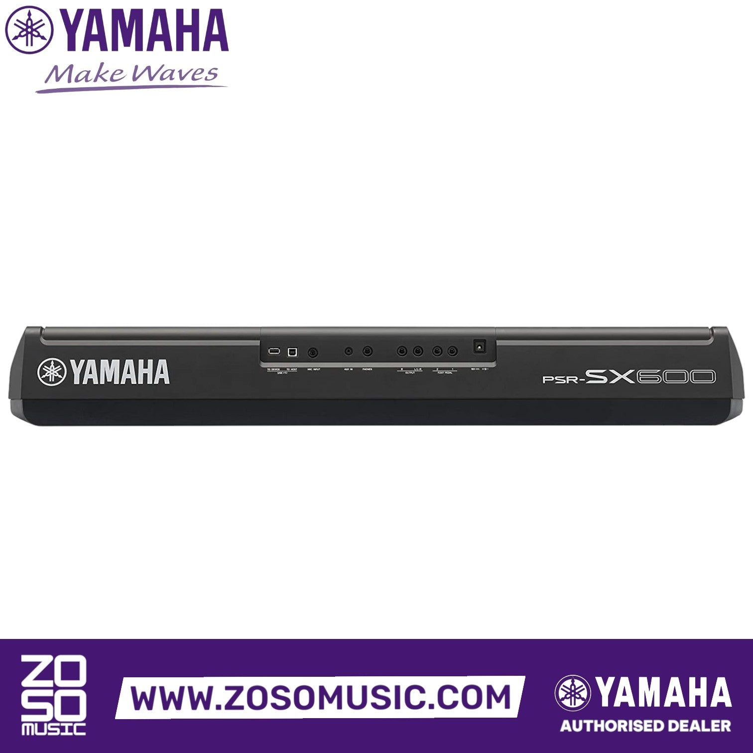 Rear panel of Zoso Music Yamaha PSR SX600 arranger keyboard showing input and output ports