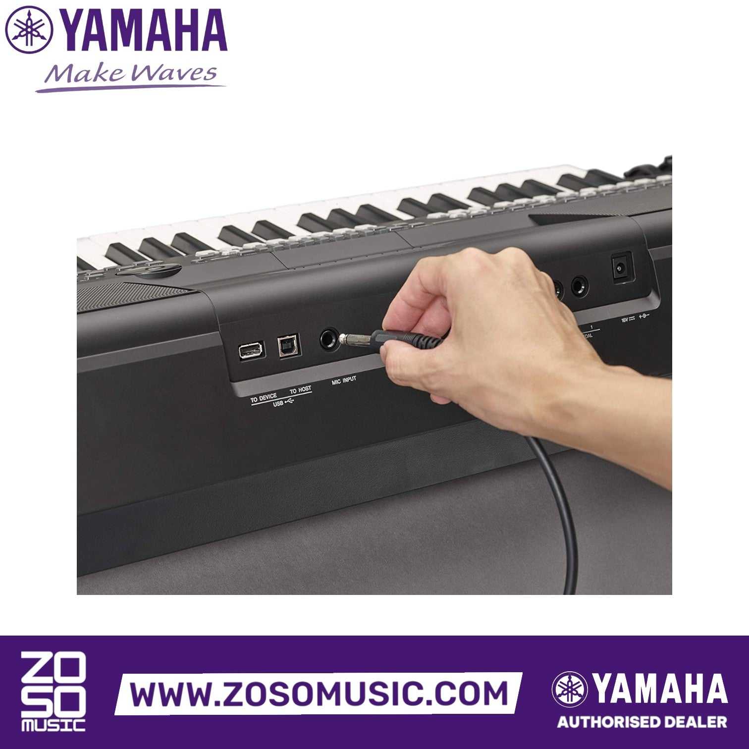 Zoso Music Yamaha PSR SX600 arranger keyboard rear panel with a hand plugging a microphone cable into the mic input