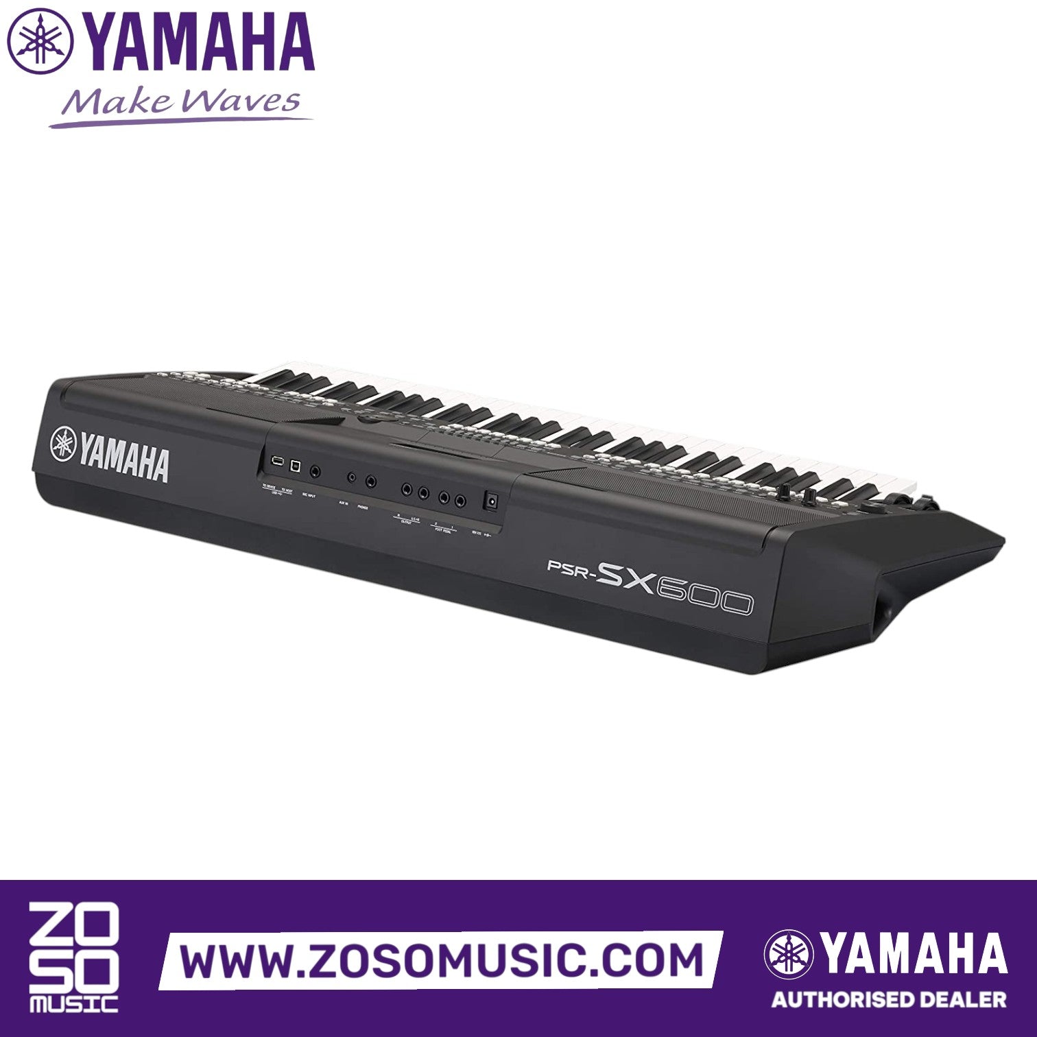 Zoso Music Yamaha PSR SX600 61-key arranger keyboard showing the rear panel connectivity ports