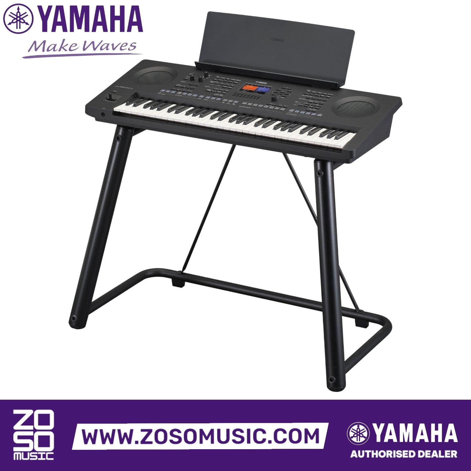 Zoso Music Yamaha PSR-SX620 61-key arranger keyboard on a black stand with a music rest and color display screen.
