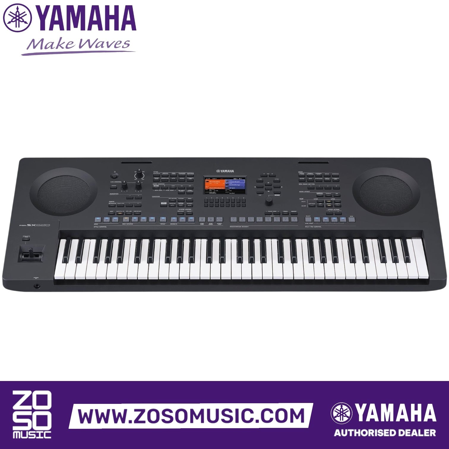 Zoso Music Yamaha PSR-SX620 61-key arranger keyboard featuring a color display, control knobs, and joystick.