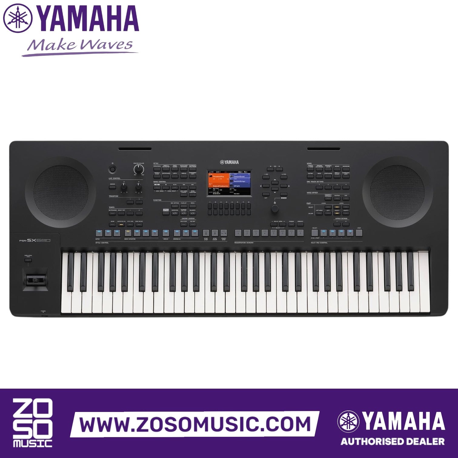 Zoso Music Yamaha PSR-SX620 61-key arranger keyboard with color display, control knobs, and black finish.