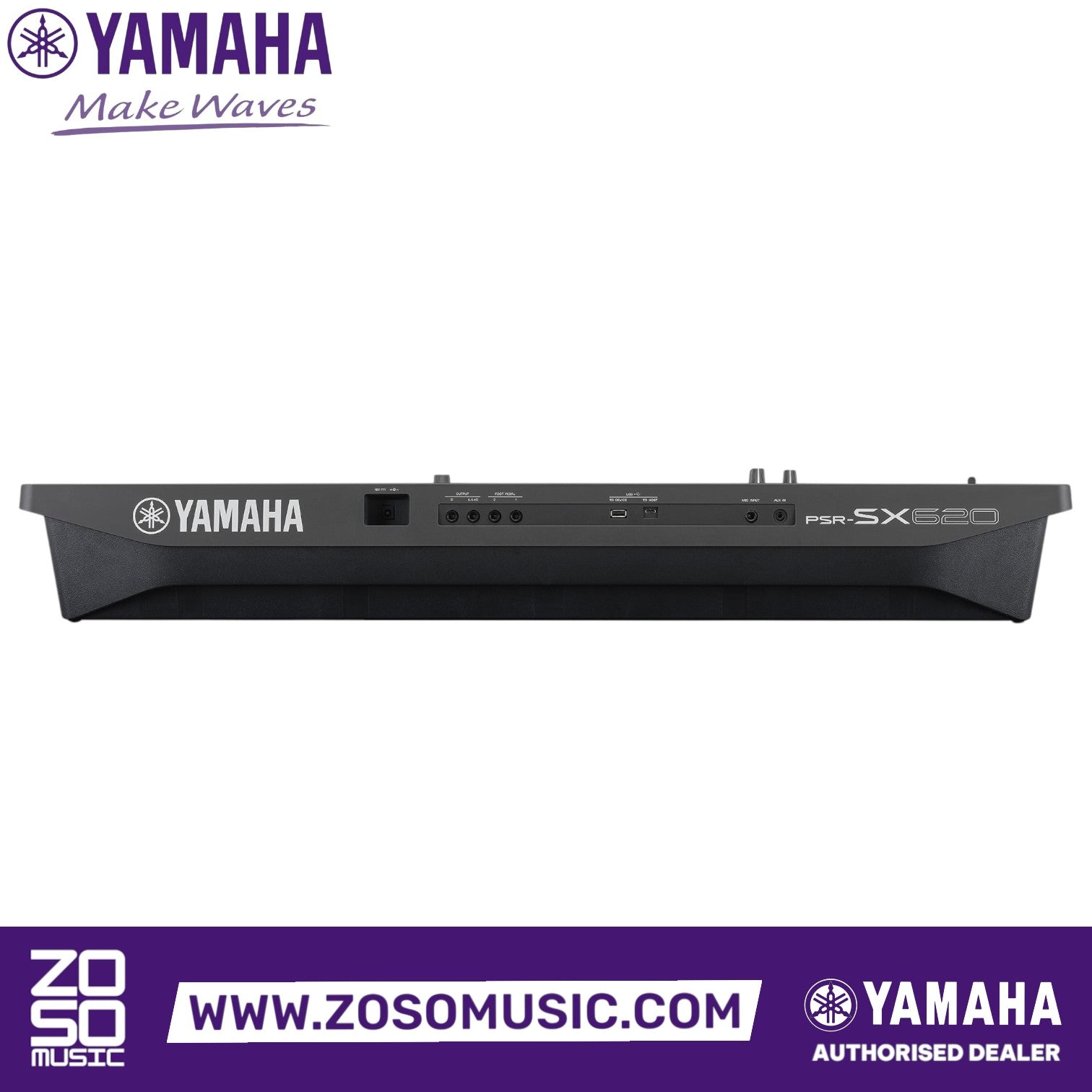 Rear panel of the Zoso Music Yamaha PSR-SX620 arranger keyboard showing input and output ports
