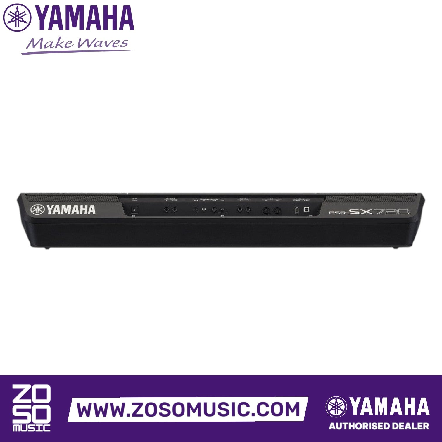 Rear panel view of the Zoso Music Yamaha PSR-SX720 arranger workstation showing input and output ports.