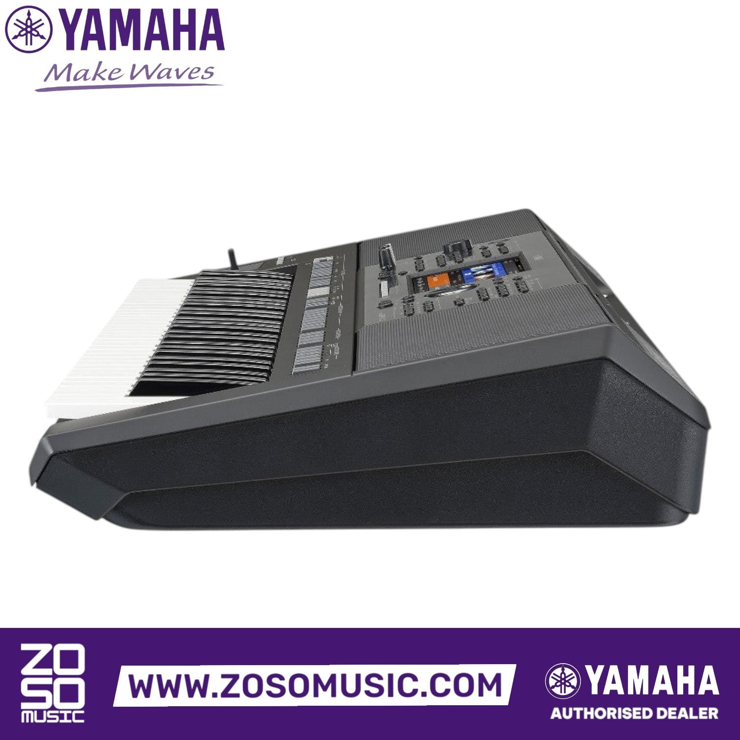 Zoso Music Yamaha PSR-SX920 61-key professional arranger workstation, side view showing control panel and keyboard.