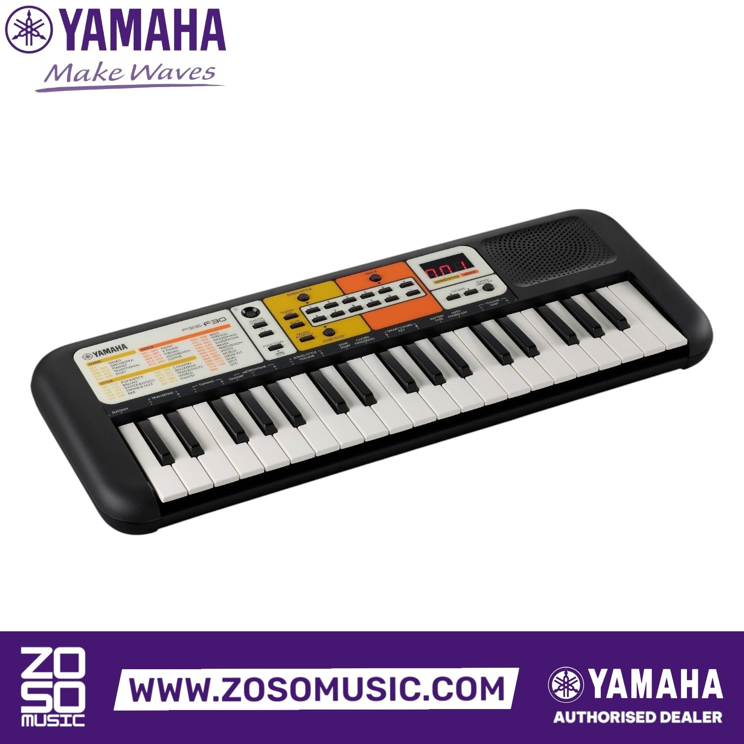 Zoso Music Yamaha PSS-F30 37-key mini keyboard with black and white keys and orange control panel