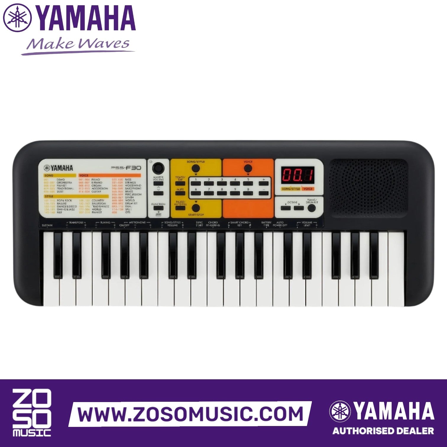 Zoso Music Yamaha PSS-F30 37-key mini keyboard with black and white keys and orange control panel
