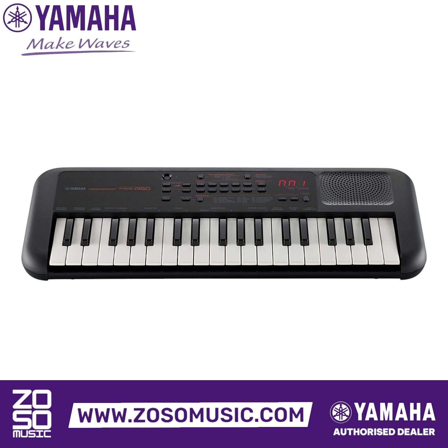 Zoso Music Yamaha PSS-A50 37-key mini keyboard with black finish, built-in speaker, and digital control interface.