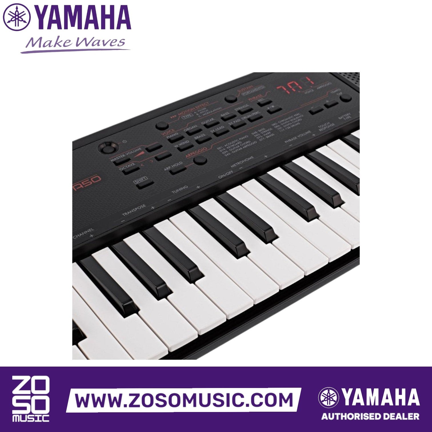 Zoso Music Yamaha PSS-A50 37-key mini keyboard featuring a black control panel with arpeggio and modulation effects.