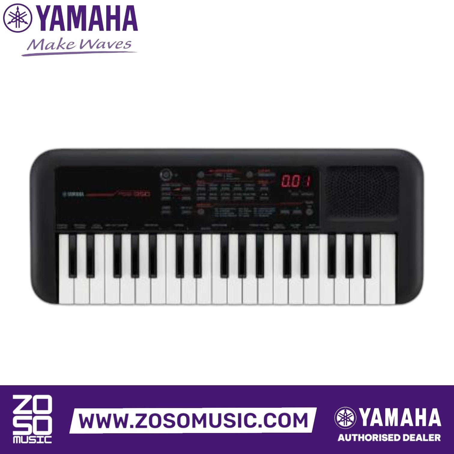 Zoso Music Yamaha PSS-A50 37-key mini keyboard with black finish, built-in speaker, and digital display screen.