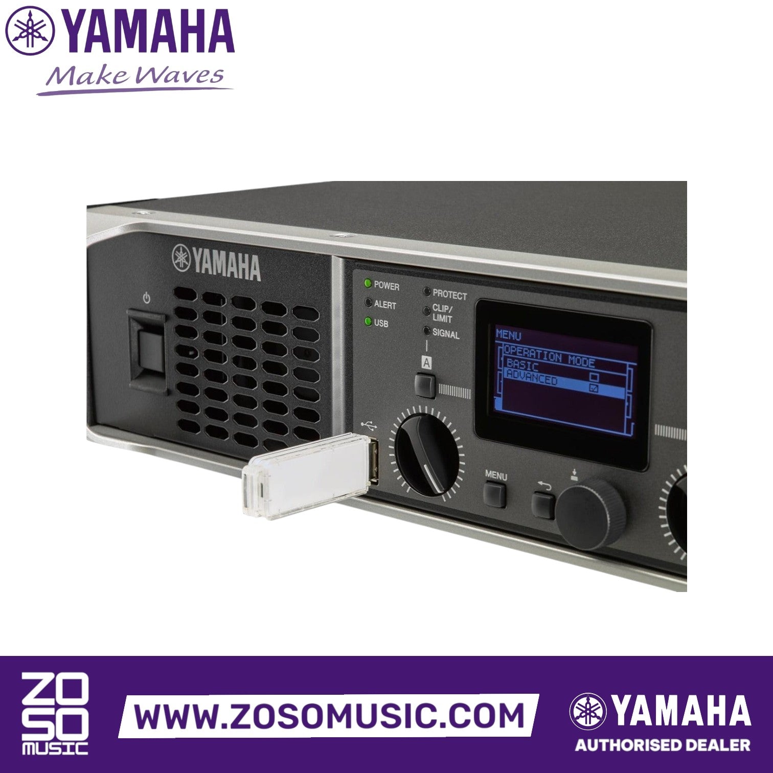 Zoso Music Yamaha PX10 power amplifier front panel with LCD display and USB drive inserted for firmware updates
