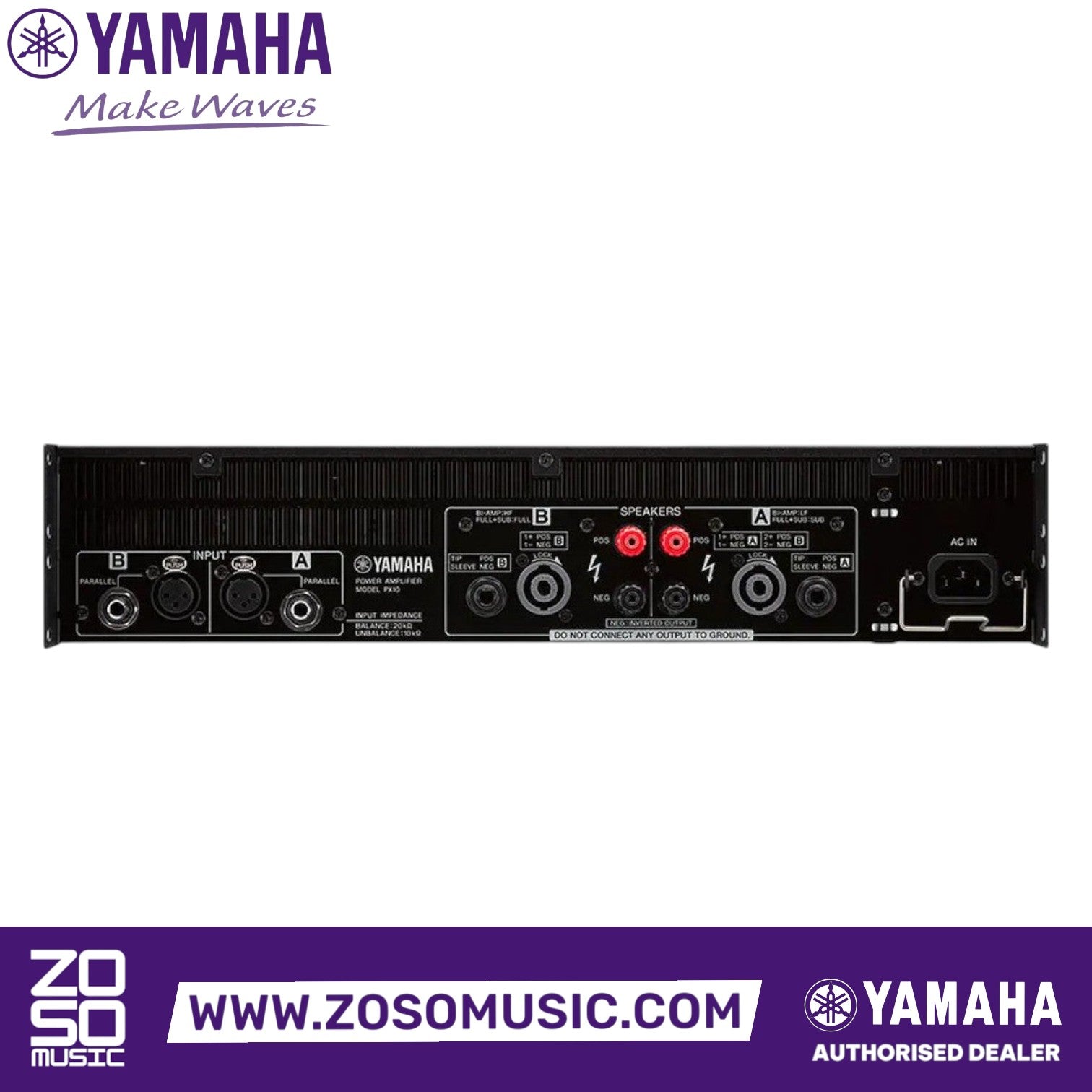 Rear panel of the Zoso Music Yamaha PX10 2-channel power amplifier showing XLR, TRS, and speakON output connectors.