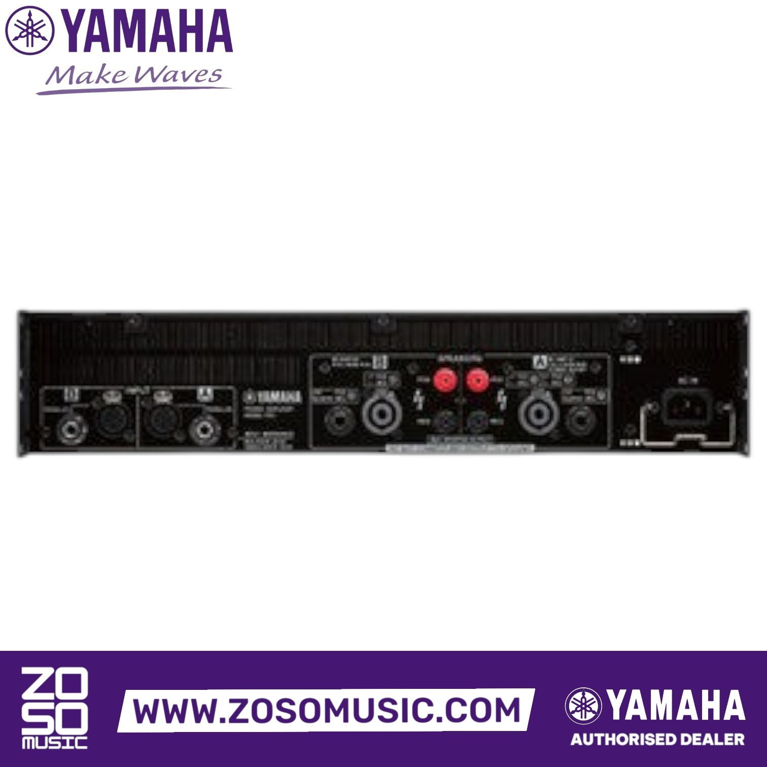 Rear panel of the Zoso Music Yamaha PX3 2-channel power amplifier showing XLR, TRS, speakON, and binding post outputs.
