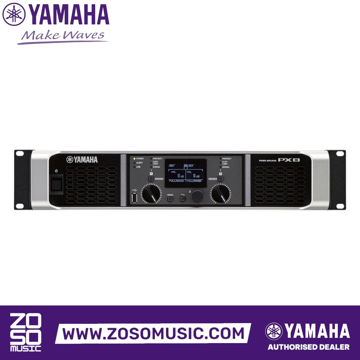 Zoso Music Yamaha PX8 2-channel Class D power amplifier with LCD display and front-panel controls