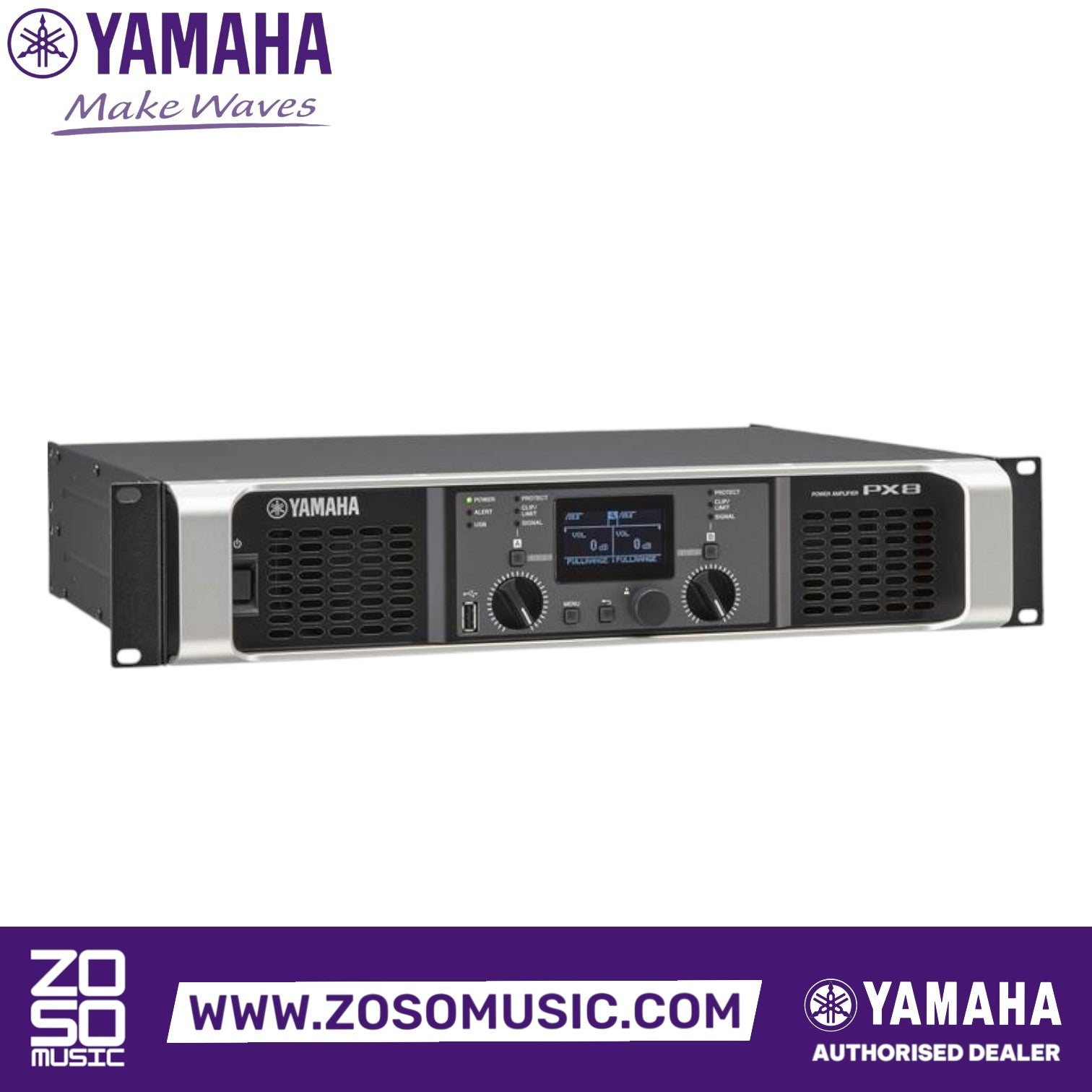 Zoso Music Yamaha PX8 2-channel Class D power amplifier with LCD display and front-panel controls in a rack-mount unit