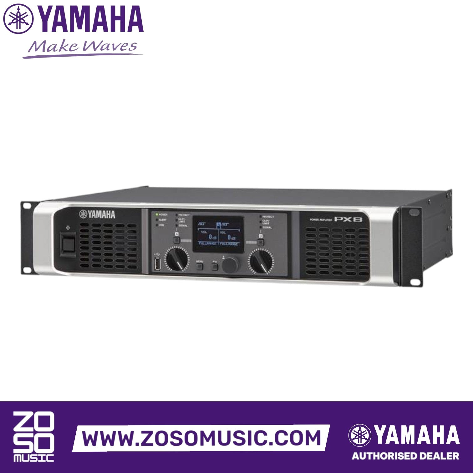 Zoso Music Yamaha PX8 2-channel Class D power amplifier with LCD display and front-panel controls in a rack-mount design.