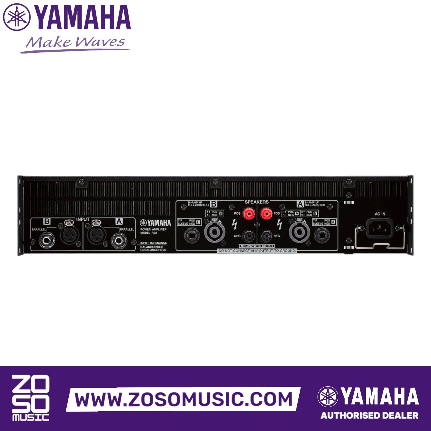 Rear panel of the Zoso Music Yamaha PX8 2-channel power amplifier showing XLR, TRS, and speakON connectivity ports.