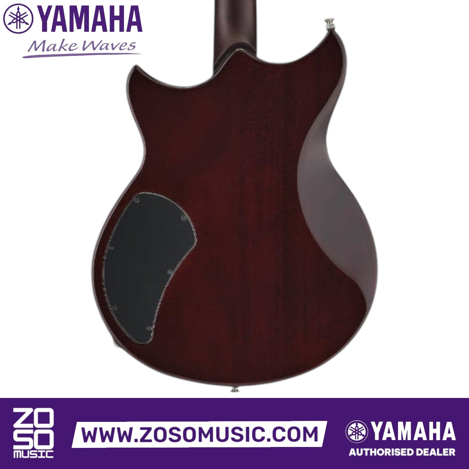 Back view of the Zoso Music Yamaha Chris Buck Signature Revstar electric guitar with dark mahogany body finish