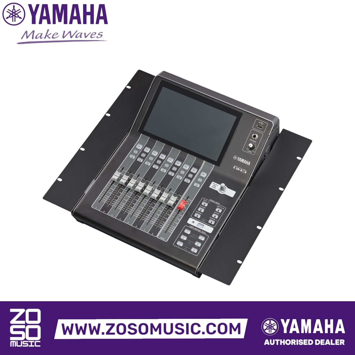 Zoso Music Yamaha RK-DM3 rackmount kit installed on a black DM3 digital mixer with faders and touchscreen display